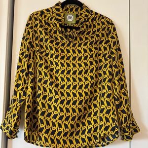 Elizabeth McKay Women’s Silk Chain Print Blouse Size 4 Navy Gold